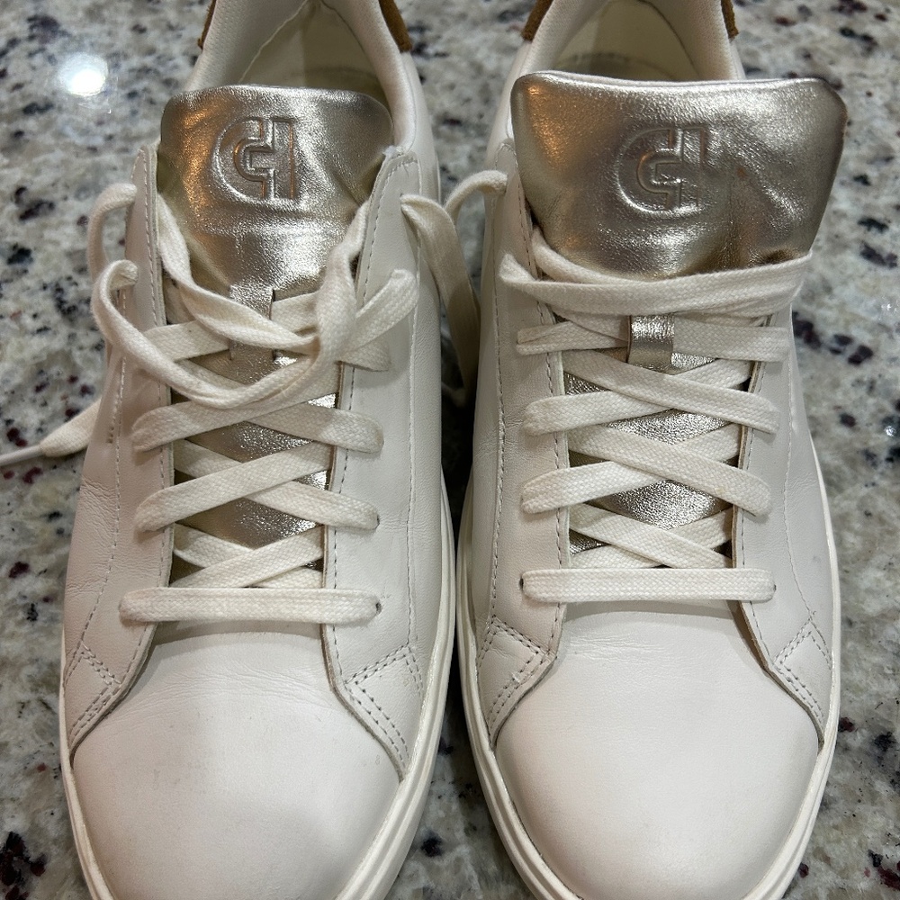 Ladies Cole Haan Sneakers with gold, brown suede accents, size 11